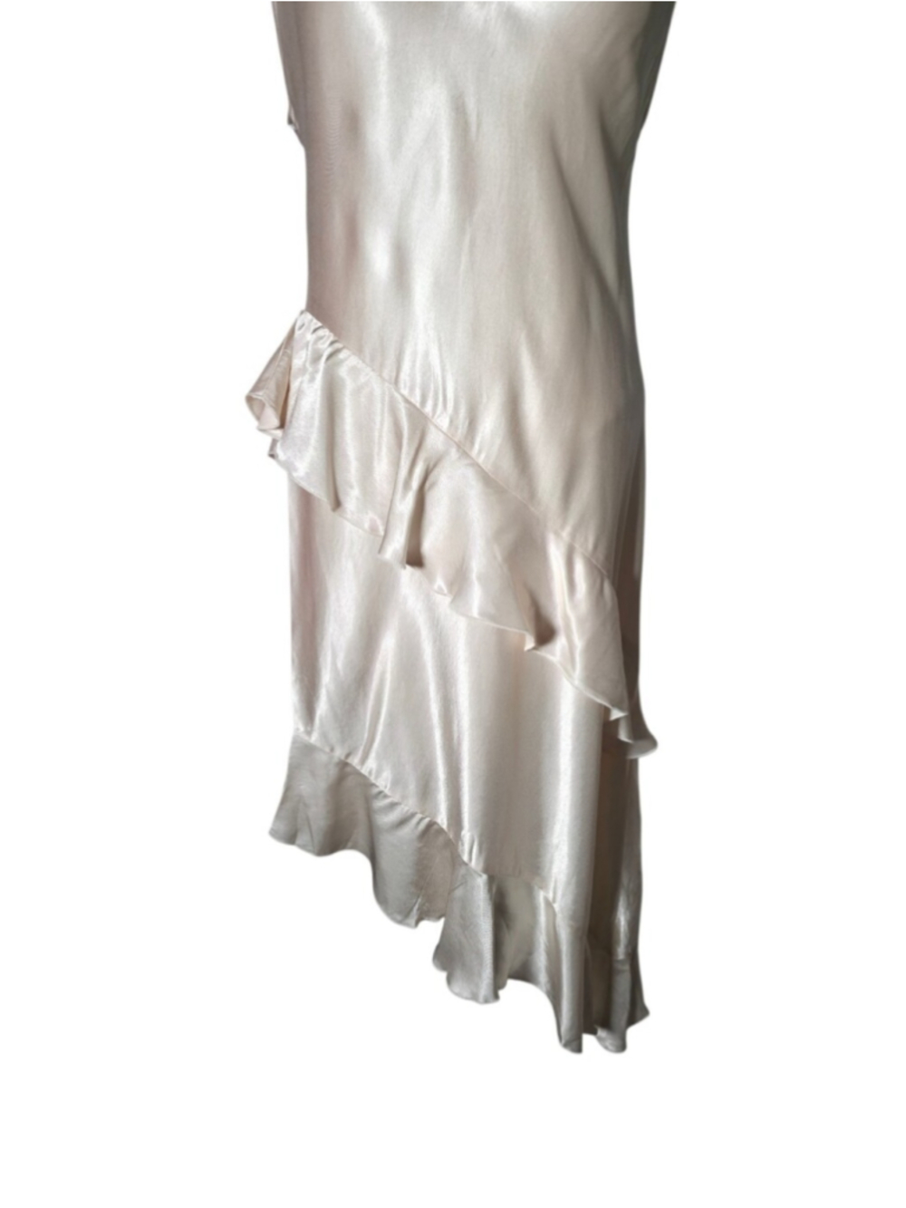 H&M Satin Slip Dress Cream Ivory Ruffle Midi Dress Asymmetrical Hem V Neck S - Picture 6 of 12